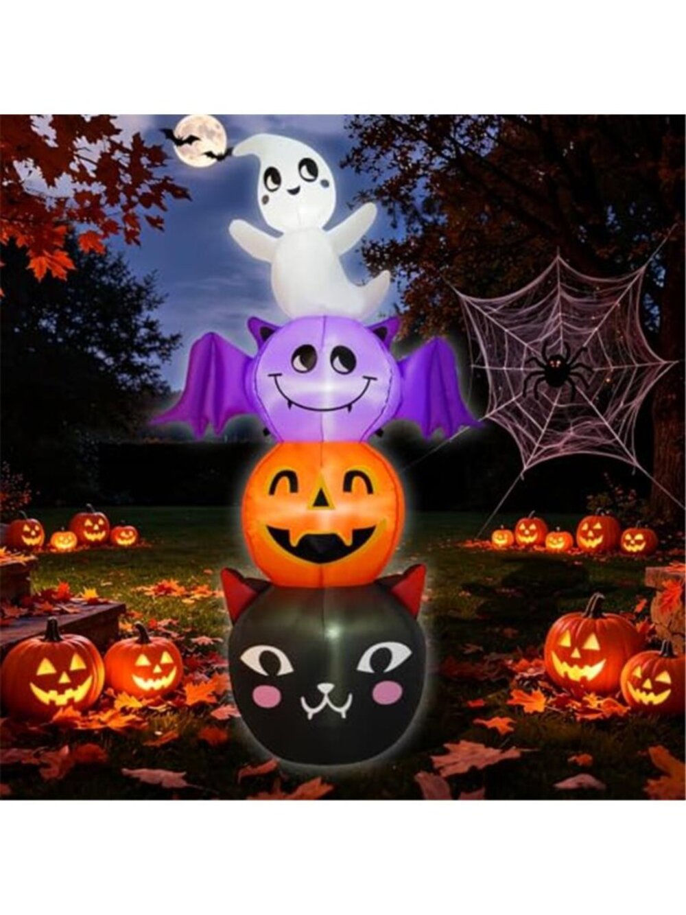 6FT Halloween Inflatables Outdoor 4-Tier Stacked Cute Ghost, Purple Bat,
